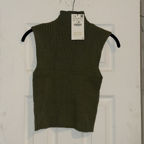 ZARA WOMEN RIBBED KNIT CROP MOCK NECK OLIVE Green TOP SIZE L.NEW WITH TAG - Picture 6 of 7